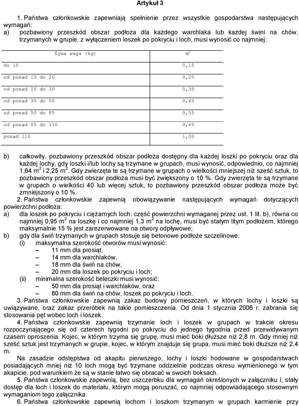 grupie, z wyłączeniem loszek po pokryciu i loch, musi wynosić co najmniej: Żywa waga (kg) m 2 do 10 0,15 od ponad 10 do 20 0,20 od ponad 20 do 30 0,30 od ponad 30 do 50 0,40 od ponad 50 do 85 0,55 od