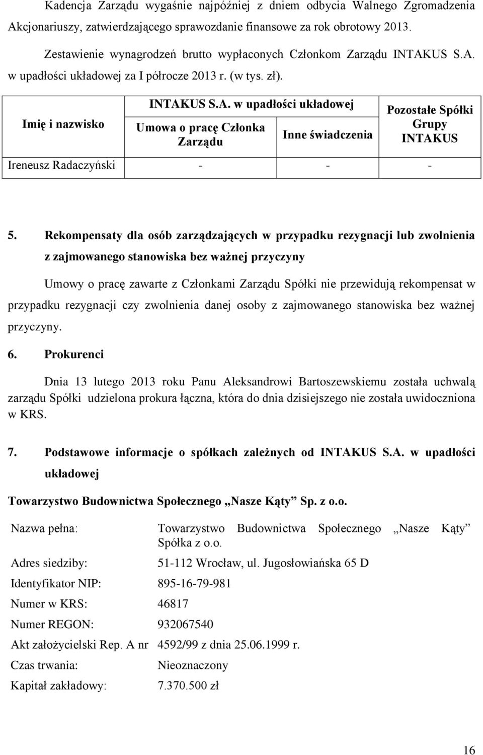 Rekompensaty dla osób zarządzających w przypadku rezygnacji lub zwolnienia z zajmowanego stanowiska bez ważnej przyczyny Umowy o pracę zawarte z Członkami Zarządu Spółki nie przewidują rekompensat w