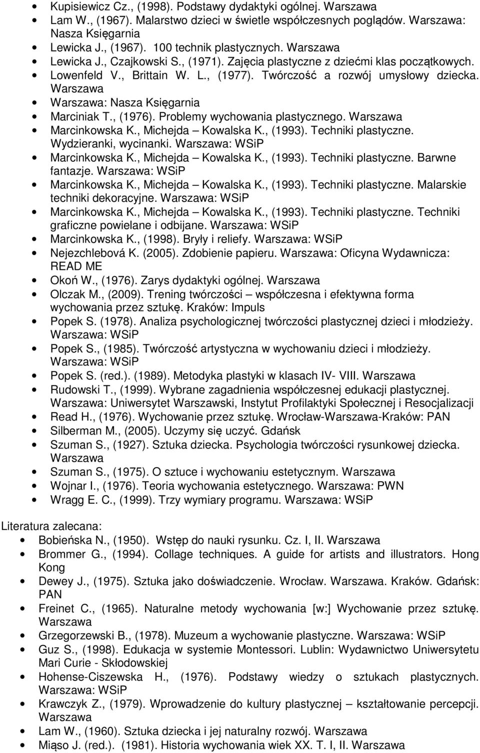 Problemy wychowania plastycznego. Marcinkowska K., Michejda Kowalska K., (1993). Techniki plastyczne. Wydzieranki, wycinanki. : WSiP Marcinkowska K., Michejda Kowalska K., (1993). Techniki plastyczne. Barwne fantazje.