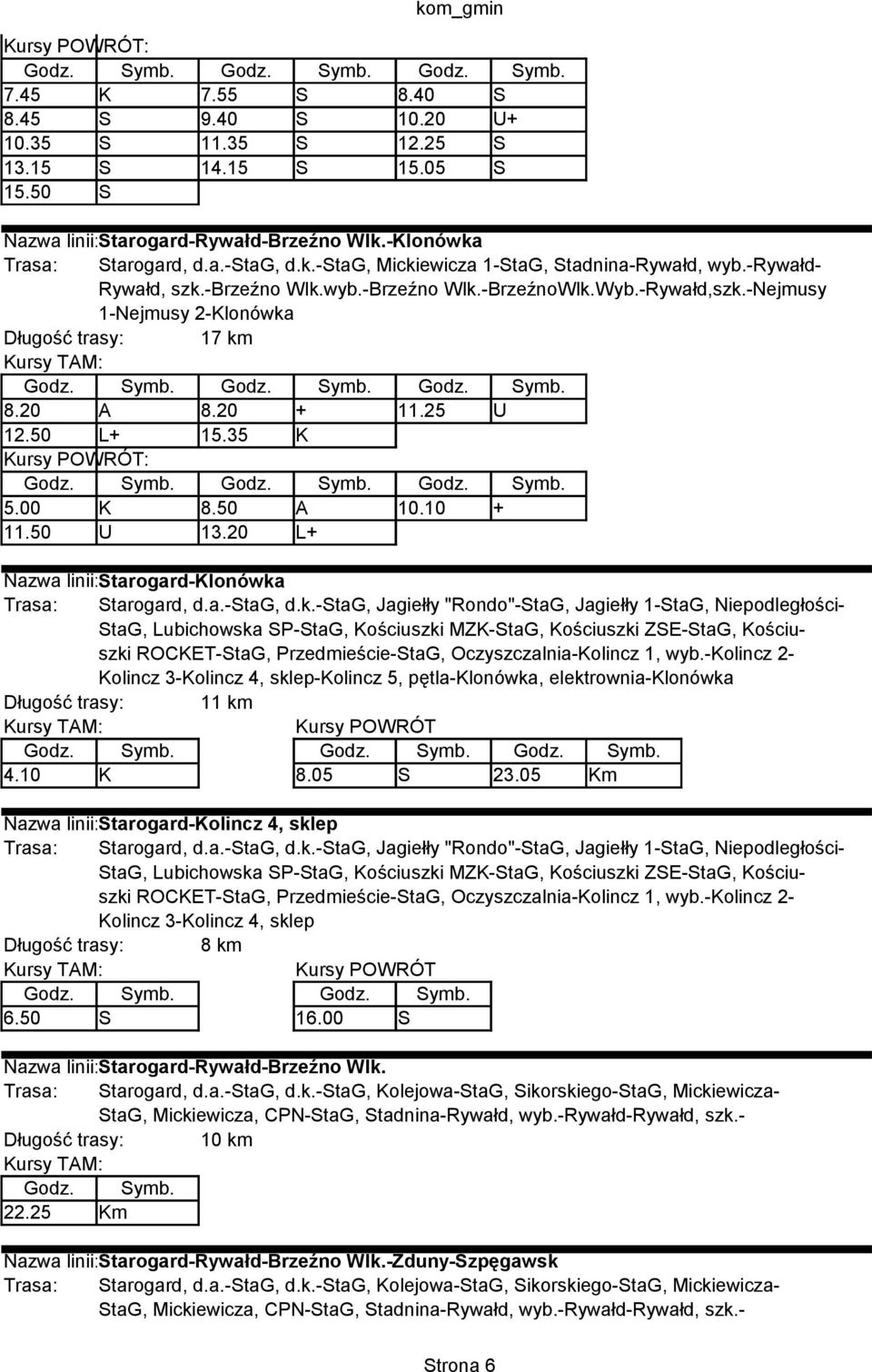 50 U 13.20 L+ Nazwa linii: Starogard-Klonówka Kolincz 3-Kolincz 4, sklep-kolincz 5, pętla-klonówka, elektrownia-klonówka Długość trasy: 11 km 4.10 K 8.05 S 23.