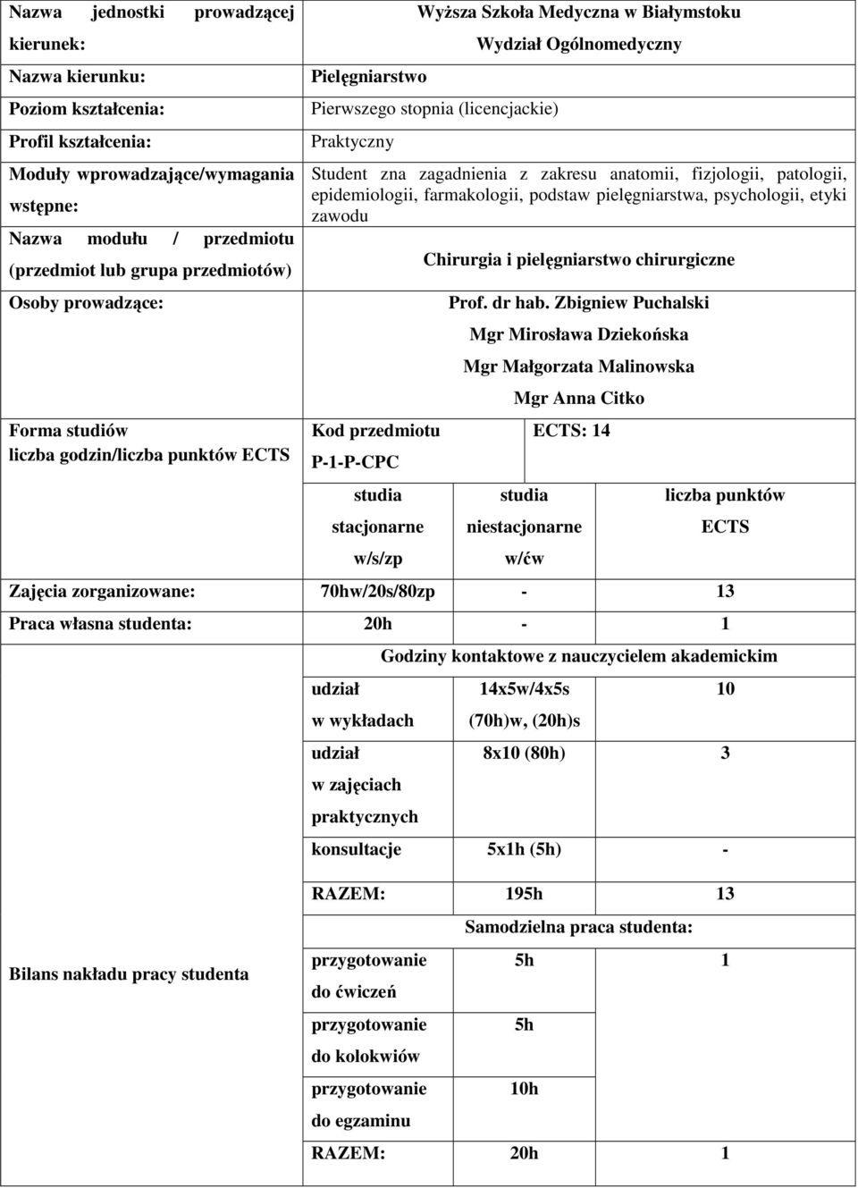 zagadnienia z zakresu anatomii, fizjologii, patologii, epidemiologii, farmakologii, podstaw pielęgniarstwa, psychologii, etyki zawodu Kod przedmiotu P-1-P-CPC studia stacjonarne w/s/zp Chirurgia i