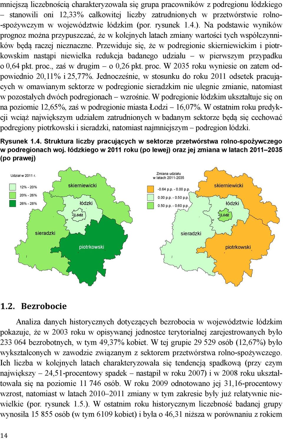 Przewiduje się, że w podregionie skierniewickim i piotrkowskim nstąpi niewielk redukcj bdnego udziłu w pierwszym przypdku o 0,64 pkt. proc., zś w drugim o 0,26 pkt. proc. W 2035 roku wyniesie on ztem odpowiednio 20,11% i 25,77%.