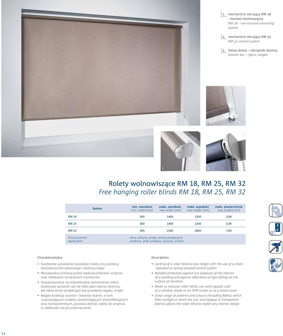 projekcyjne windows, shop windows, recesses, screens Swobodne ustawienie wysokości rolety przy pomocy sterowania łańcuszkowego i elektrycznego Niezawodna ochrona przed nasłonecznieniem wnętrza oraz
