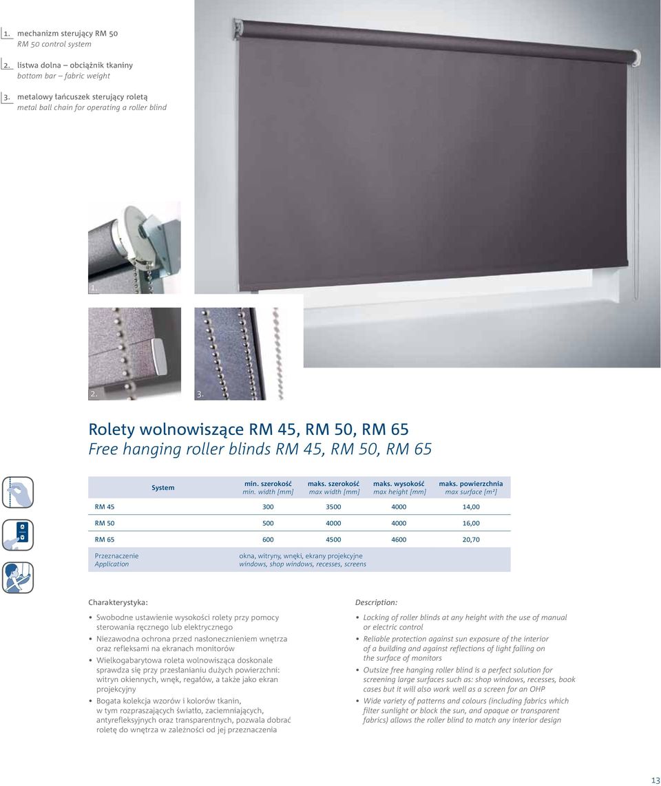 Rolety wolnowiszące RM 45, RM 50, RM 65 Free hanging roller blinds RM 45, RM 50, RM 65 RM 45 300 3500 4000 14,00 RM 50 500 4000 4000 16,00 RM 65 600 4500 4600 20,70 okna, witryny, wnęki, ekrany