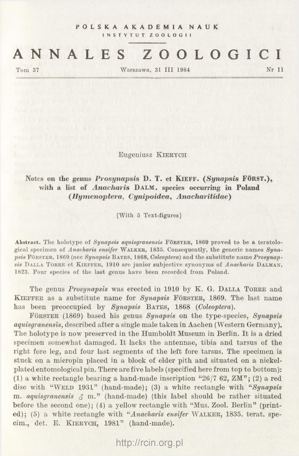 The holotype of Synapsis aquisgranensis F o r s t e r, 1869 proved to be a teratological specimen of Anacharis ensifer W a l k e r, 1835.