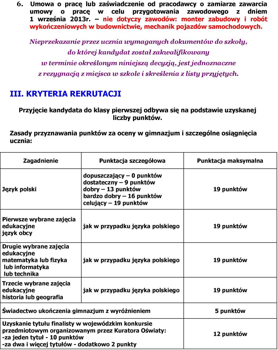 Nieprzekazanie przez ucznia wymaganych dokumentów do szkoły, do której kandydat został zakwalifikowany w terminie określonym niniejszą decyzją, jest jednoznaczne z rezygnacją z miejsca w szkole i