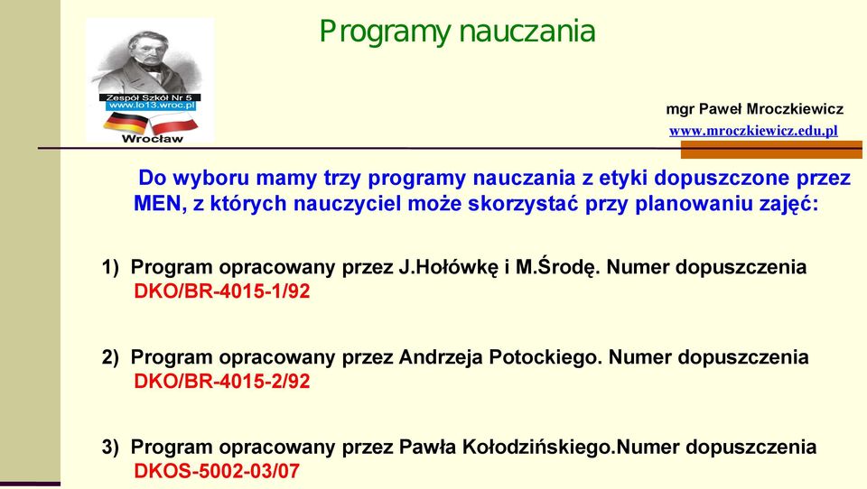 Numer dopuszczenia DKO/BR-4015-1/92 2) Program opracowany przez Andrzeja Potockiego.