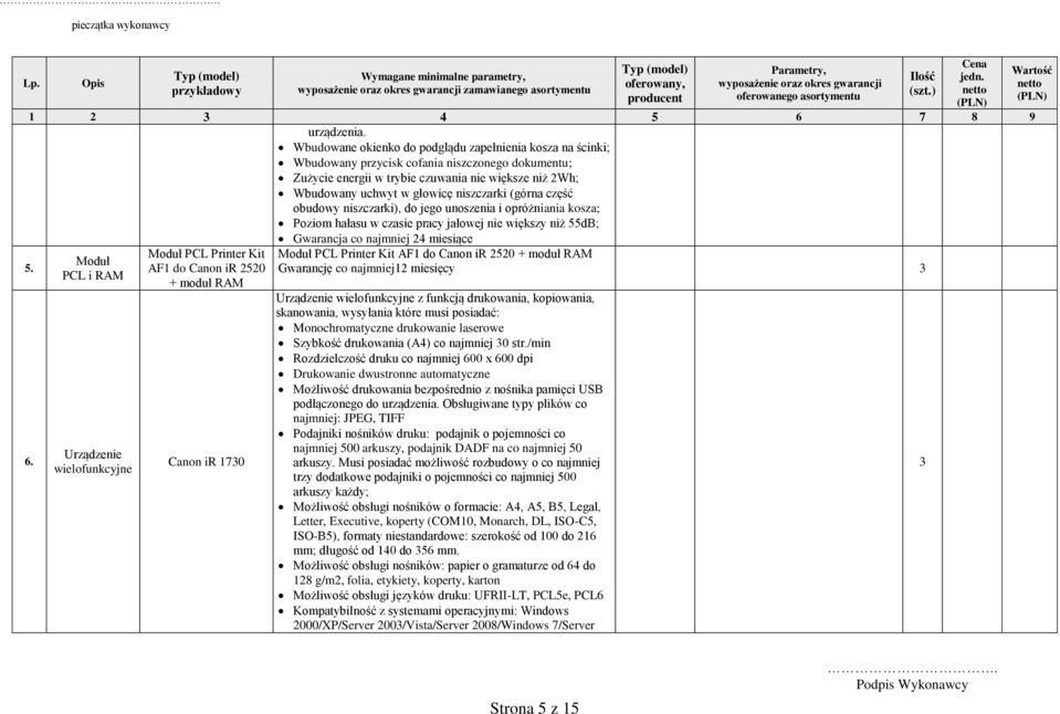 niszczarki (górna część obudowy niszczarki), do jego unoszenia i opróżniania kosza; Poziom hałasu w czasie pracy jałowej nie większy niż 55dB; Gwarancja co najmniej 24 miesiące 5. 6.