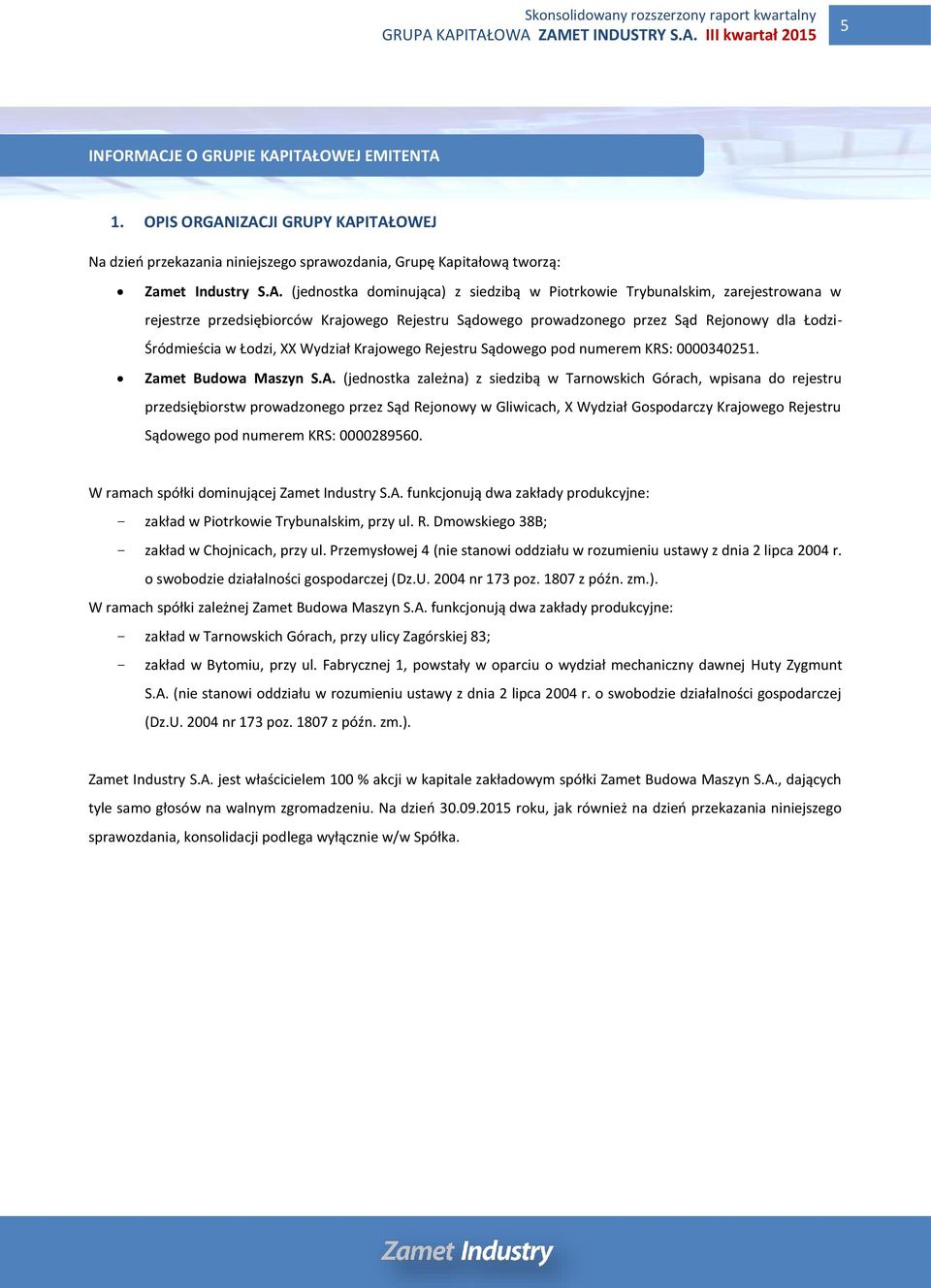 ITAŁOWEJ EMITENTA 1. OPIS ORGANIZACJI GRUPY KAPITAŁOWEJ Na dzień przekazania niniejszego sprawozdania, Grupę Kapitałową tworzą: Zamet Industry S.A. (jednostka dominująca) z siedzibą w Piotrkowie