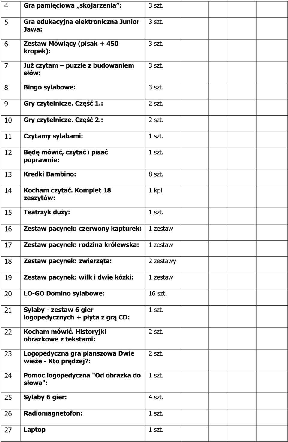 Komplet 18 zeszytów: 1 kpl 15 Teatrzyk duży: 16 Zestaw pacynek: czerwony kapturek: 1 zestaw 17 Zestaw pacynek: rodzina królewska: 1 zestaw 18 Zestaw pacynek: zwierzęta: 2 zestawy 19 Zestaw pacynek: