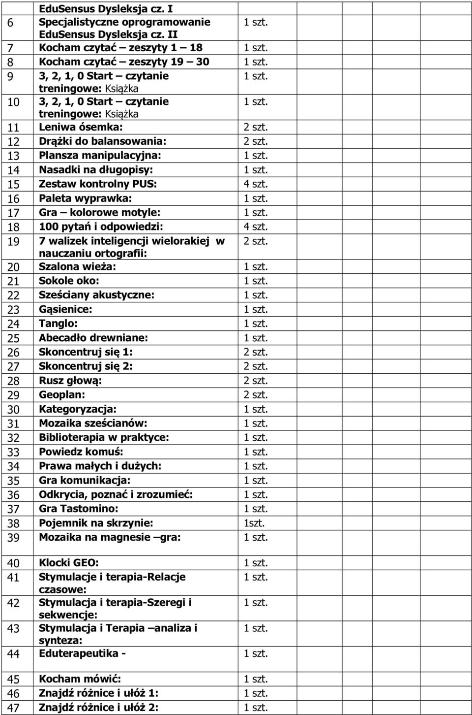 12 Drążki do balansowania: 2 szt. 13 Plansza manipulacyjna: 14 Nasadki na długopisy: 15 Zestaw kontrolny PUS: 4 szt. 16 Paleta wyprawka: 17 Gra kolorowe motyle: 18 100 pytań i odpowiedzi: 4 szt.