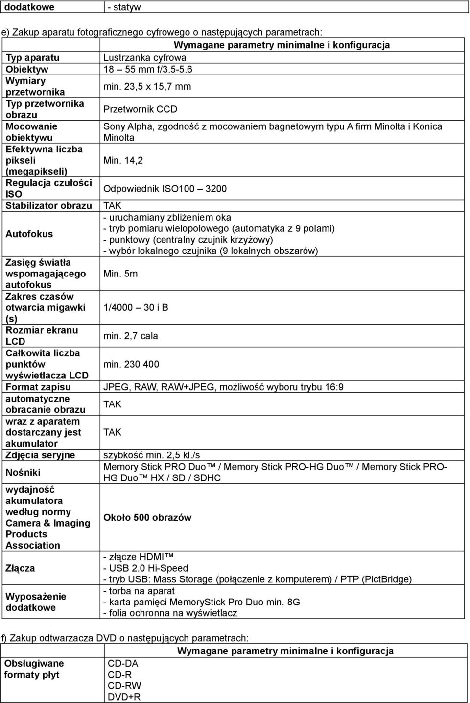 14,2 (megapikseli) Regulacja czułości Odpowiednik ISO100 3200 ISO Stabilizator obrazu - uruchamiany zbliżeniem oka - tryb pomiaru wielopolowego (automatyka z 9 polami) Autofokus - punktowy (centralny