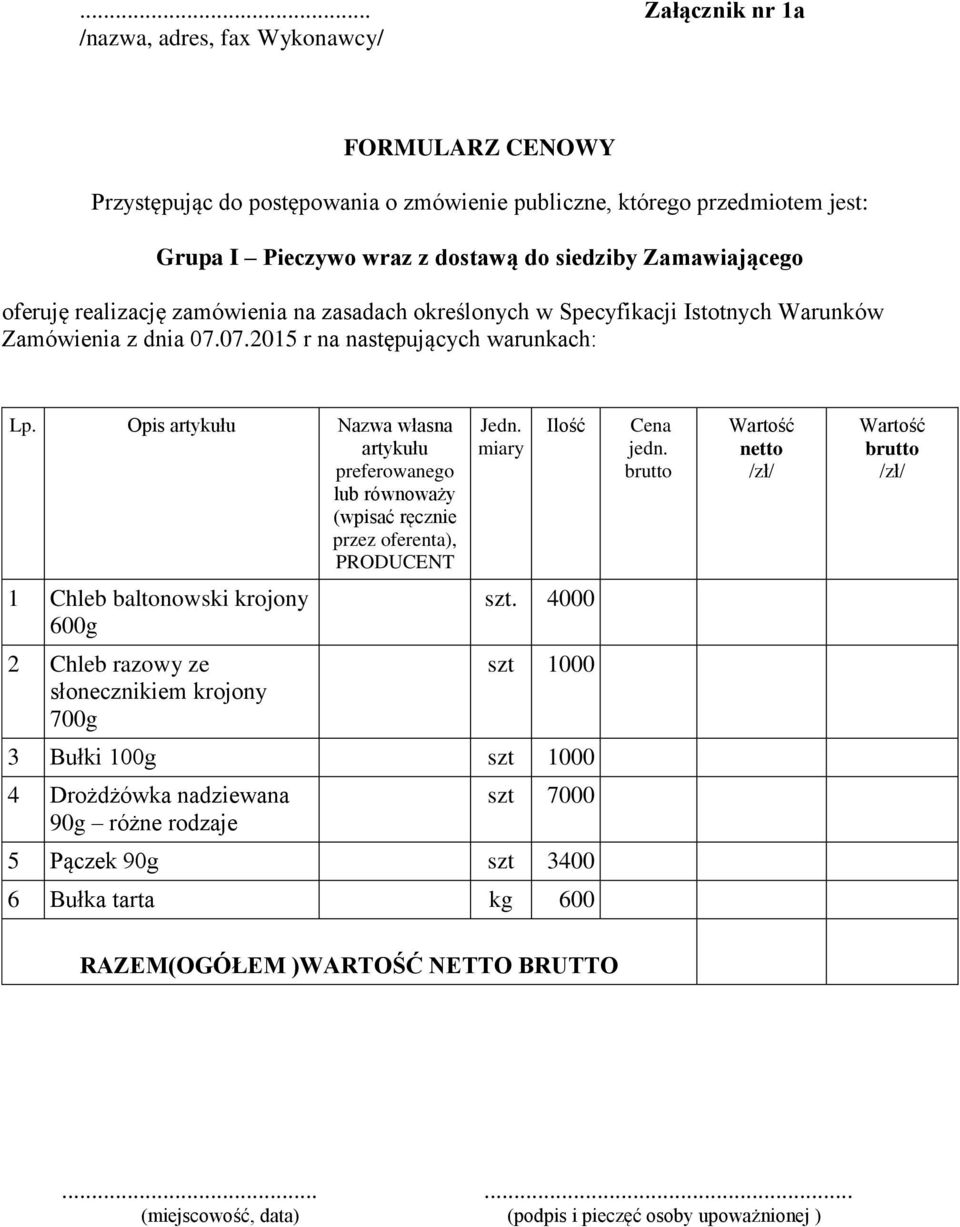 4000 2 Chleb razowy ze słonecznikiem krojony 700g szt 1000 3 Bułki 100g szt 1000