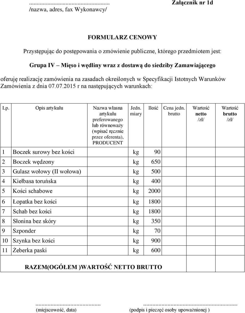 1 Boczek surowy bez kości kg 90 2 Boczek wędzony kg 650 3 Gulasz wołowy (II wołowa) kg 500 4 Kiełbasa