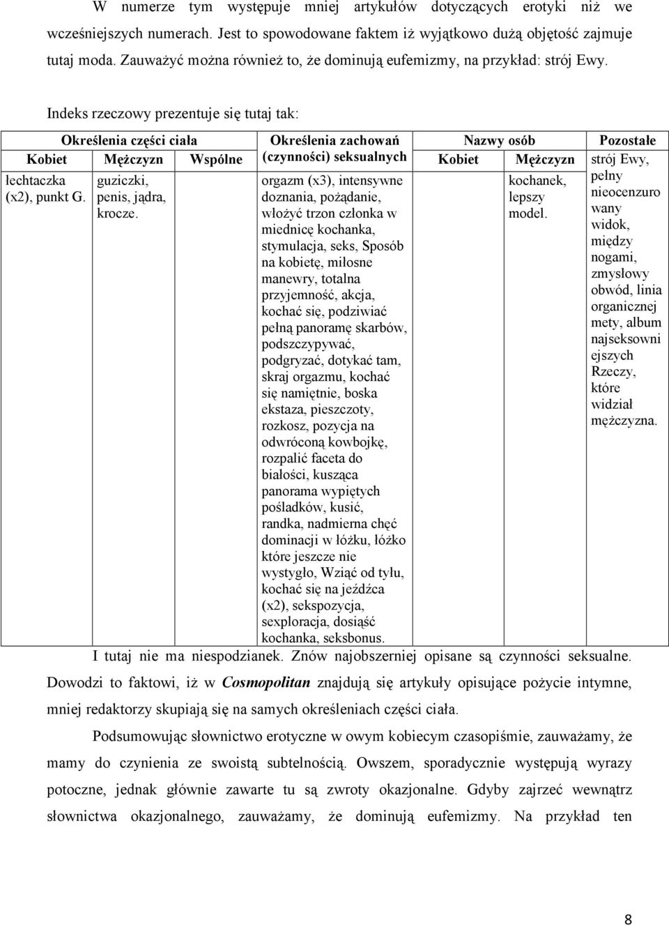 Indeks rzeczowy prezentuje się tutaj tak: Określenia części ciała Określenia zachowań Nazwy osób Pozostałe Kobiet MęŜczyzn Wspólne (czynności) seksualnych Kobiet MęŜczyzn strój Ewy, łechtaczka