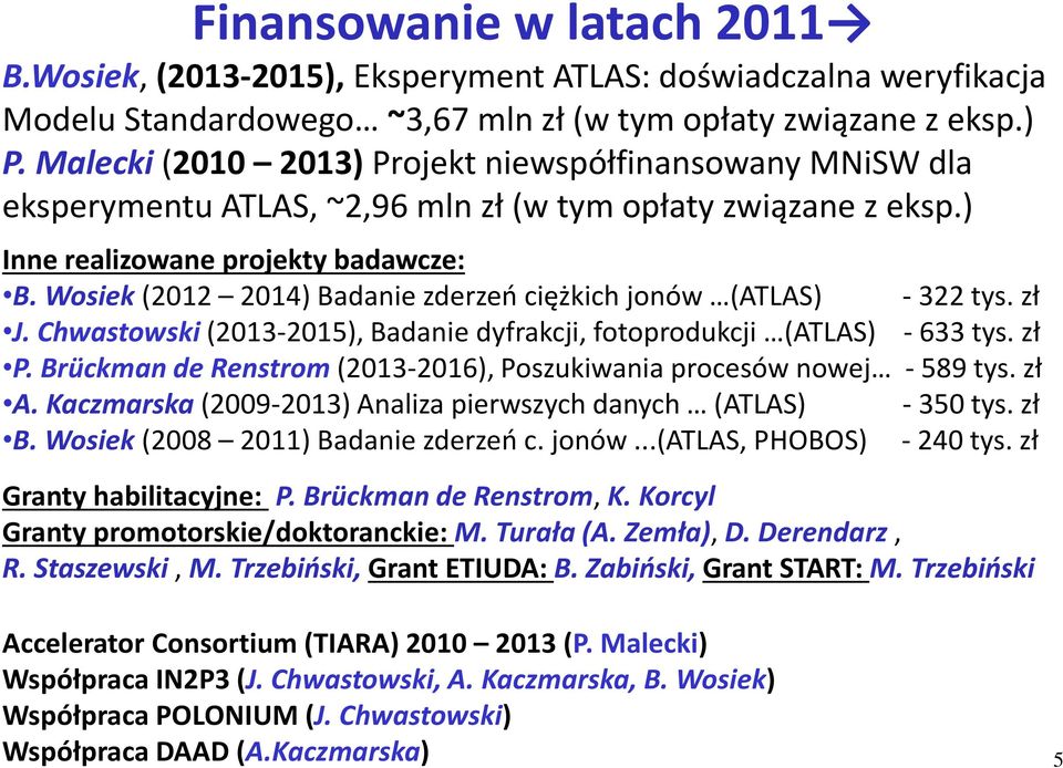 Wosiek (2012 2014) Badanie zderzeń ciężkich jonów (ATLAS) - 322 tys. zł J. Chwastowski (2013-2015), Badanie dyfrakcji, fotoprodukcji (ATLAS) - 633 tys. zł P.