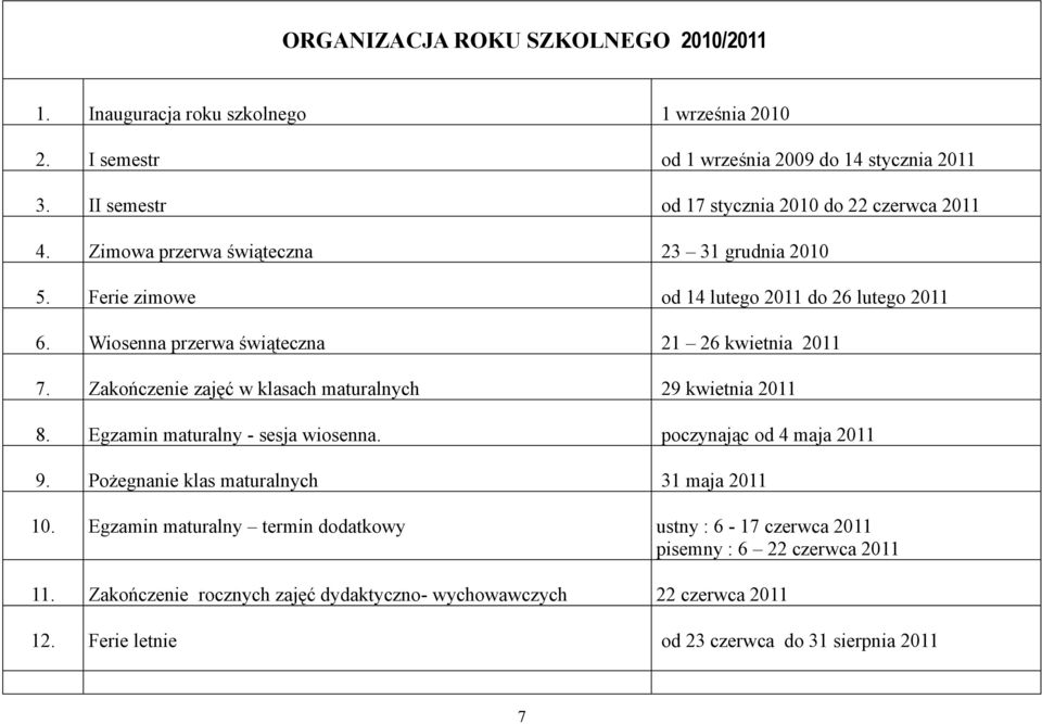 Wiosenna przerwa świąteczna 21 26 kwietnia 2011 7. Zakończenie zajęć w klasach maturalnych 29 kwietnia 2011 8. Egzamin maturalny - sesja wiosenna. poczynając od 4 maja 2011 9.