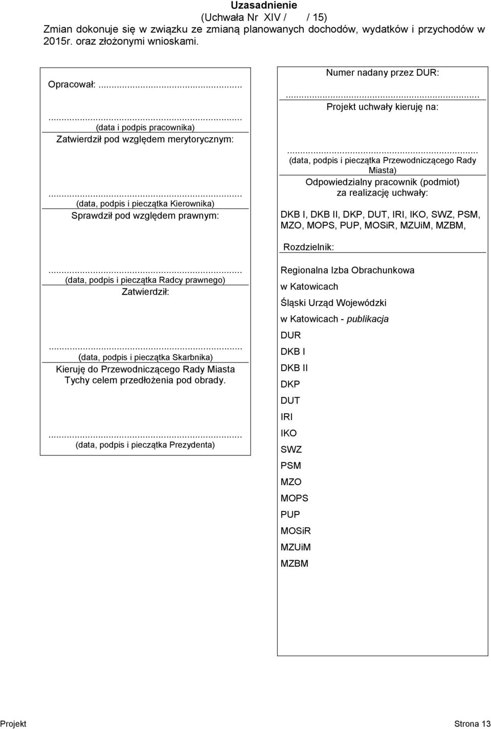 .. (data, podpis i pieczątka Przewodniczącego Rady Miasta) Odpowiedzialny pracownik (podmiot) za realizację uchwały: DKB I, DKB II, DKP, DUT, IRI, IKO, SWZ, PSM, MZO, MOPS, PUP, MOSiR, MZUiM, MZBM,