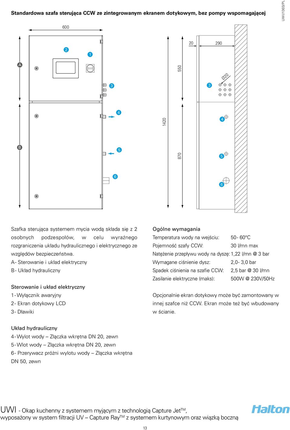 A - Sterowanie i układ elektryczny B - Układ hydrauliczny Sterowanie i układ elektryczny 1 - Wyłącznik awaryjny 2 - Ekran dotykowy LCD 3 - Dławiki Ogólne wymagania Temperatura wody na wejściu: 50-0 C