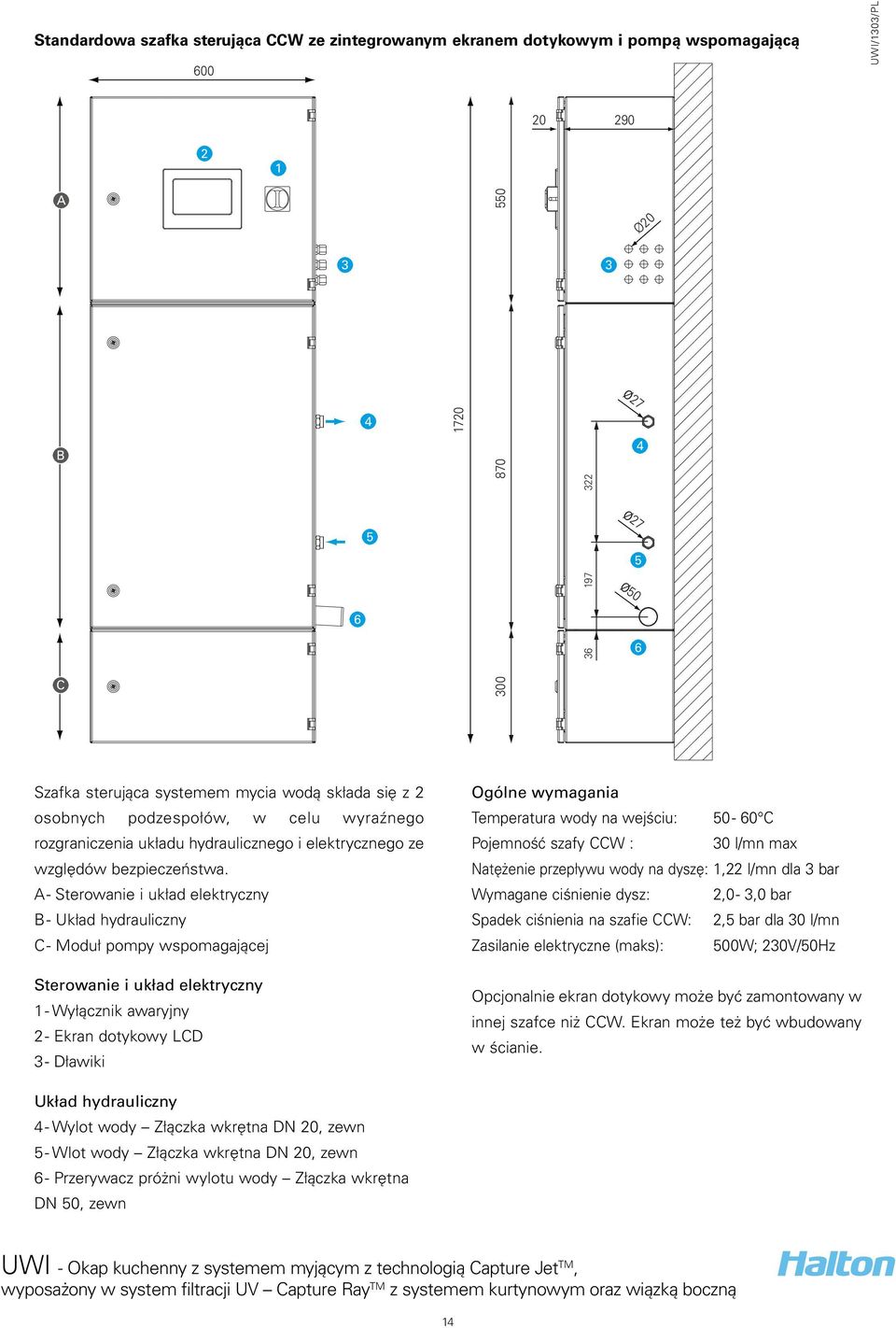 A - Sterowanie i układ elektryczny B - Układ hydrauliczny C - oduł pompy wspomagającej Sterowanie i układ elektryczny 1 - Wyłącznik awaryjny 2 - Ekran dotykowy LCD 3 - Dławiki Ogólne wymagania