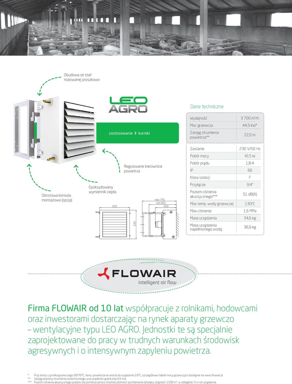 wody grzewczej Max ciśnienie 51 db(a) 130 o C 1,6 MPa 34,6 kg 630 napełnionego wodą 36,9 kg 670 715 500 Firma FLOWAIR od 10 lat współpracuje z rolnikami, hodowcami oraz inwestorami dostarczając na