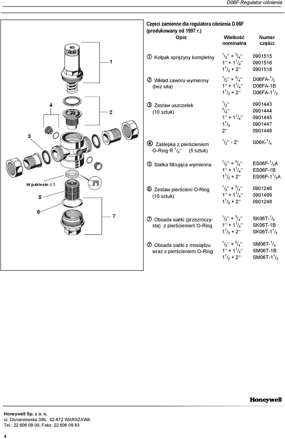 D06FA-1 1 / 2 0901443 0901444 0901445 0901447 0901448 Zaślepka z pierścieniem O-Ring R 1 / 4 (5 sztuk) - 2 S06K- 1 / 4 Siatka filtrująca wymienna Zestaw pierścieni O-Ring (10 sztuk) ES06F- 1 / 2