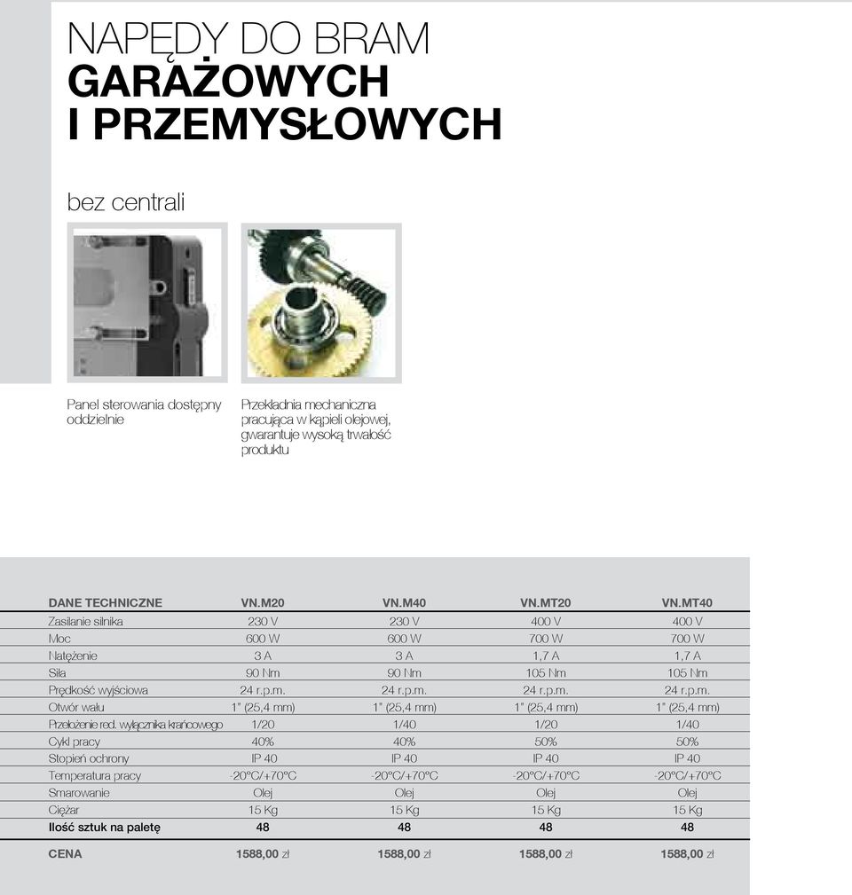 90 Nm 105 Nm 105 Nm Prędkość wyjściowa 24 r.p.m. 24 r.p.m. 24 r.p.m. 24 r.p.m. Otwór wału 1 (25,4 mm) 1 (25,4 mm) 1 (25,4 mm) 1 (25,4 mm) Przełożenie red.