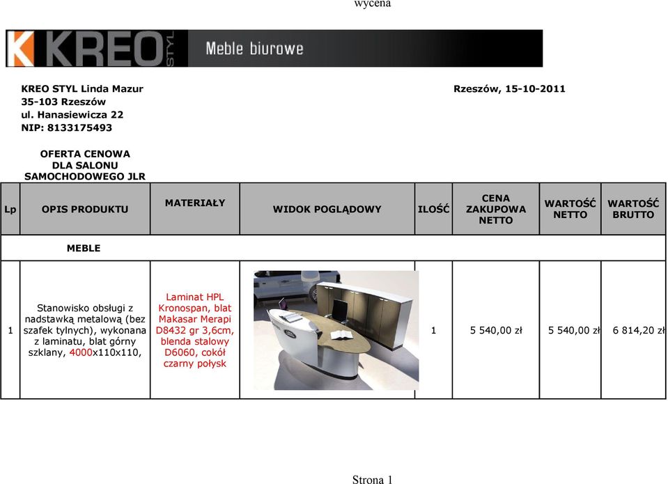 ILOŚĆ CENA ZAKUPOWA NETTO WARTOŚĆ NETTO WARTOŚĆ BRUTTO MEBLE Kronospan, blat Stanowisko obsługi z nadstawką metalową