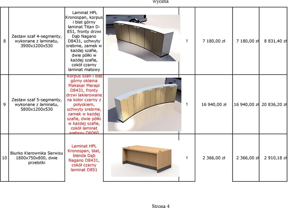 wykonane z laminatu, połyskiem, 5800x200x530 uchwyty srebrne, zamek w każdej szafie, dwie półki w każdej szafie, cokół laminat srebrny D6060 7 80,00 zł 7 80,00 zł 8 83,40 zł 6 940,00