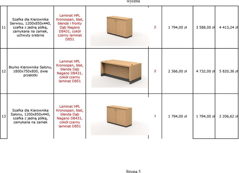 dwie Nagano D843, przelotki cokół czarny 2 laminat D85 2 366,00 zł 4 732,00 zł 5 820,36 zł Kronospan, blat, Szafka dla Kierownika 3 Salonu,