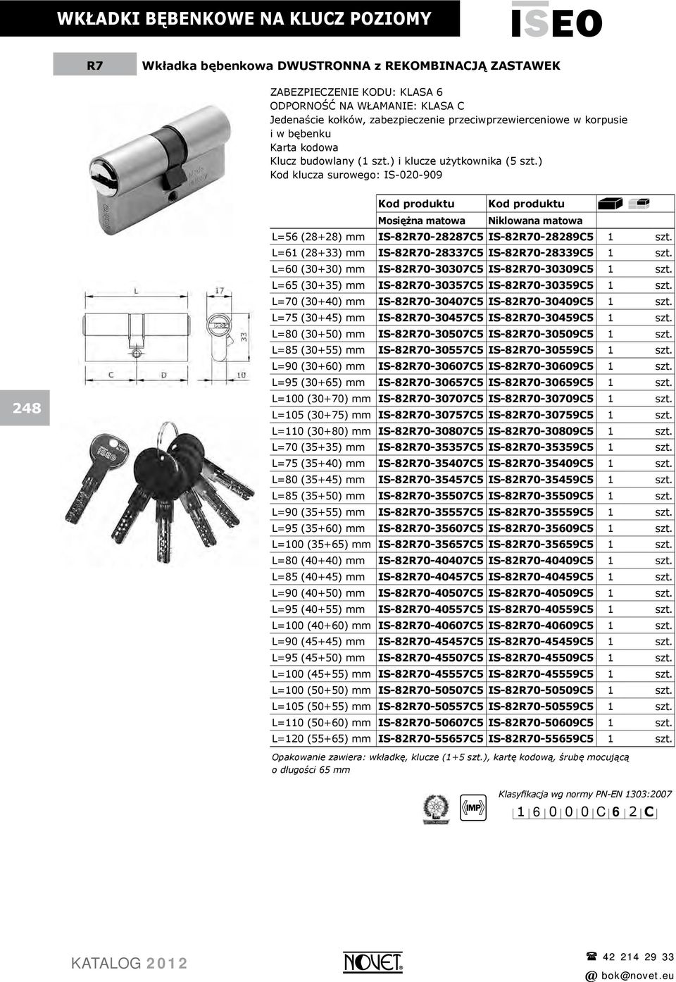 ) Kod klucza surowego: IS-020-909 248 Mosiężna matowa L=56 (28+28) mm IS-82R70-28287C5 IS-82R70-28289C5 1 szt. L=61 (28+33) mm IS-82R70-28337C5 IS-82R70-28339C5 1 szt.