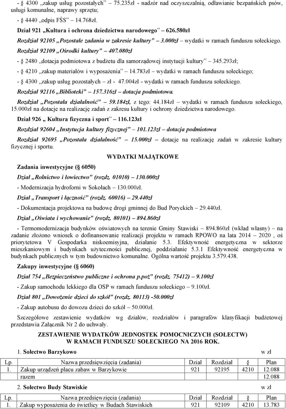 080zł - 2480 dotacja podmiotowa z budżetu dla samorządowej instytucji kultury 345.293zł; - 4210 zakup materiałów i wyposażenia 14.