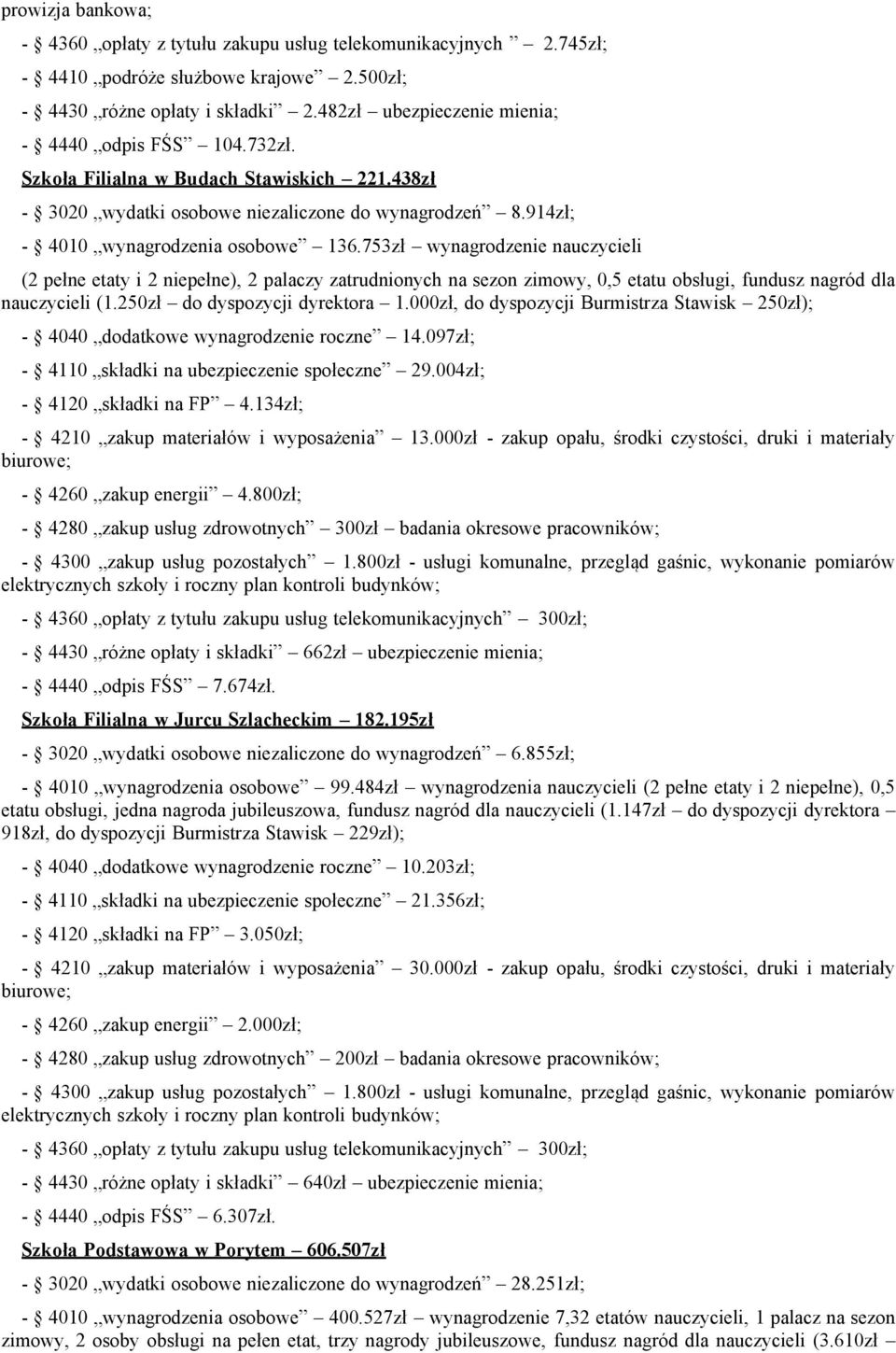 753zł wynagrodzenie nauczycieli (2 pełne etaty i 2 niepełne), 2 palaczy zatrudnionych na sezon zimowy, 0,5 etatu obsługi, fundusz nagród dla nauczycieli (250zł do dyspozycji dyrektora 000zł, do