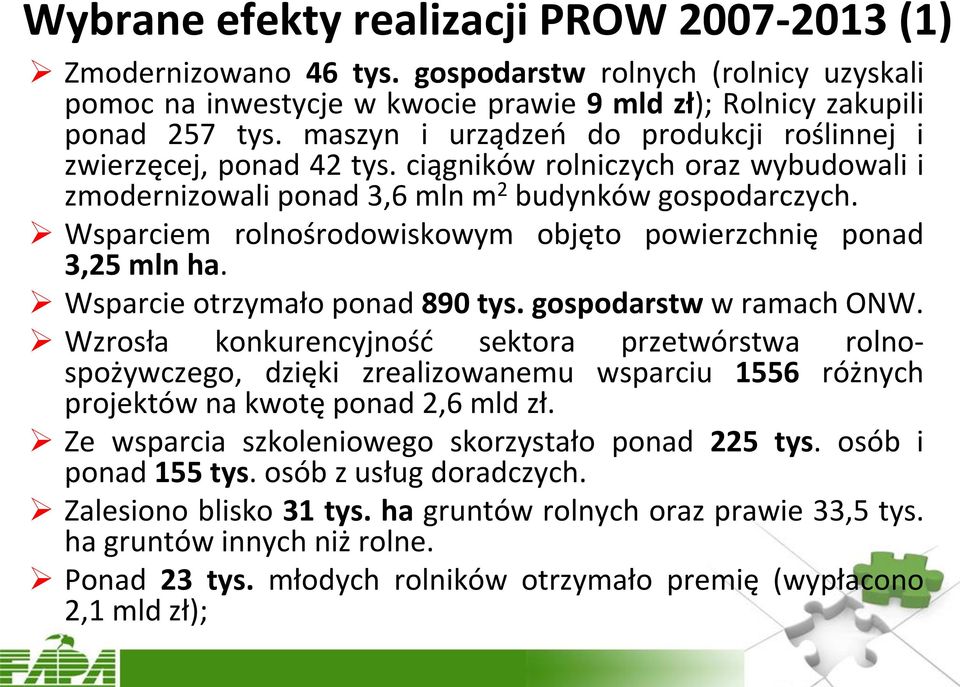 Wsparciem rolnośrodowiskowym objęto powierzchnię ponad 3,25 mln ha. Wsparcie otrzymało ponad 890 tys. gospodarstw w ramach ONW.