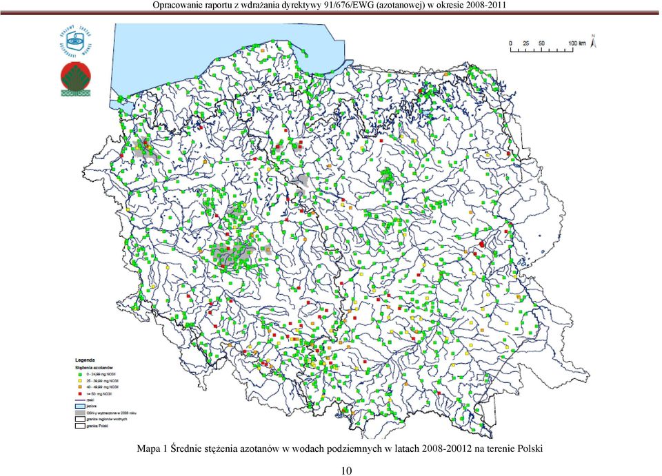 Mapa 1 Średnie stężenia azotanów w wodach