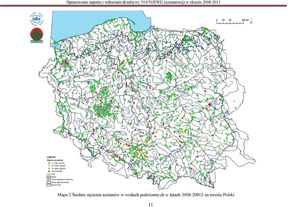 Mapa 2 Średnie stężenia azotanów w wodach