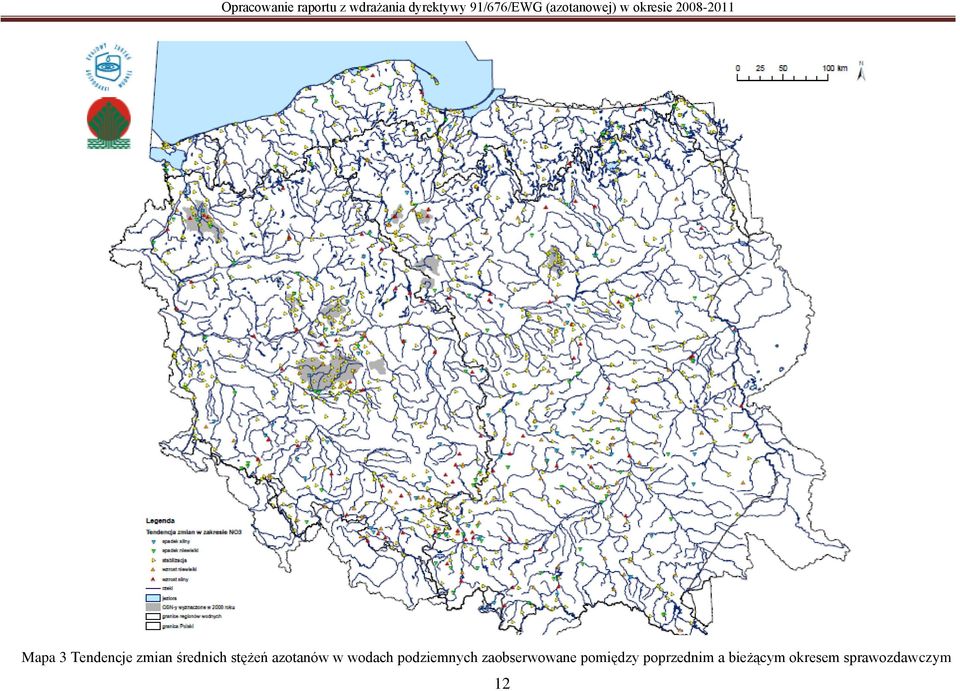 średnich stężeń azotanów w wodach podziemnych