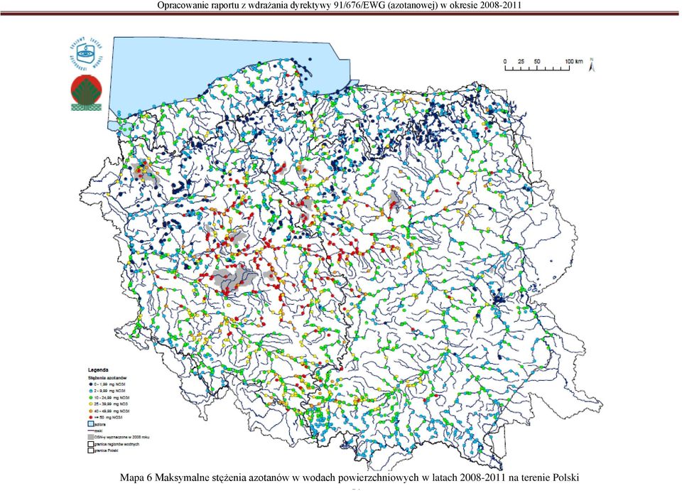 Mapa 6 Maksymalne stężenia azotanów w wodach