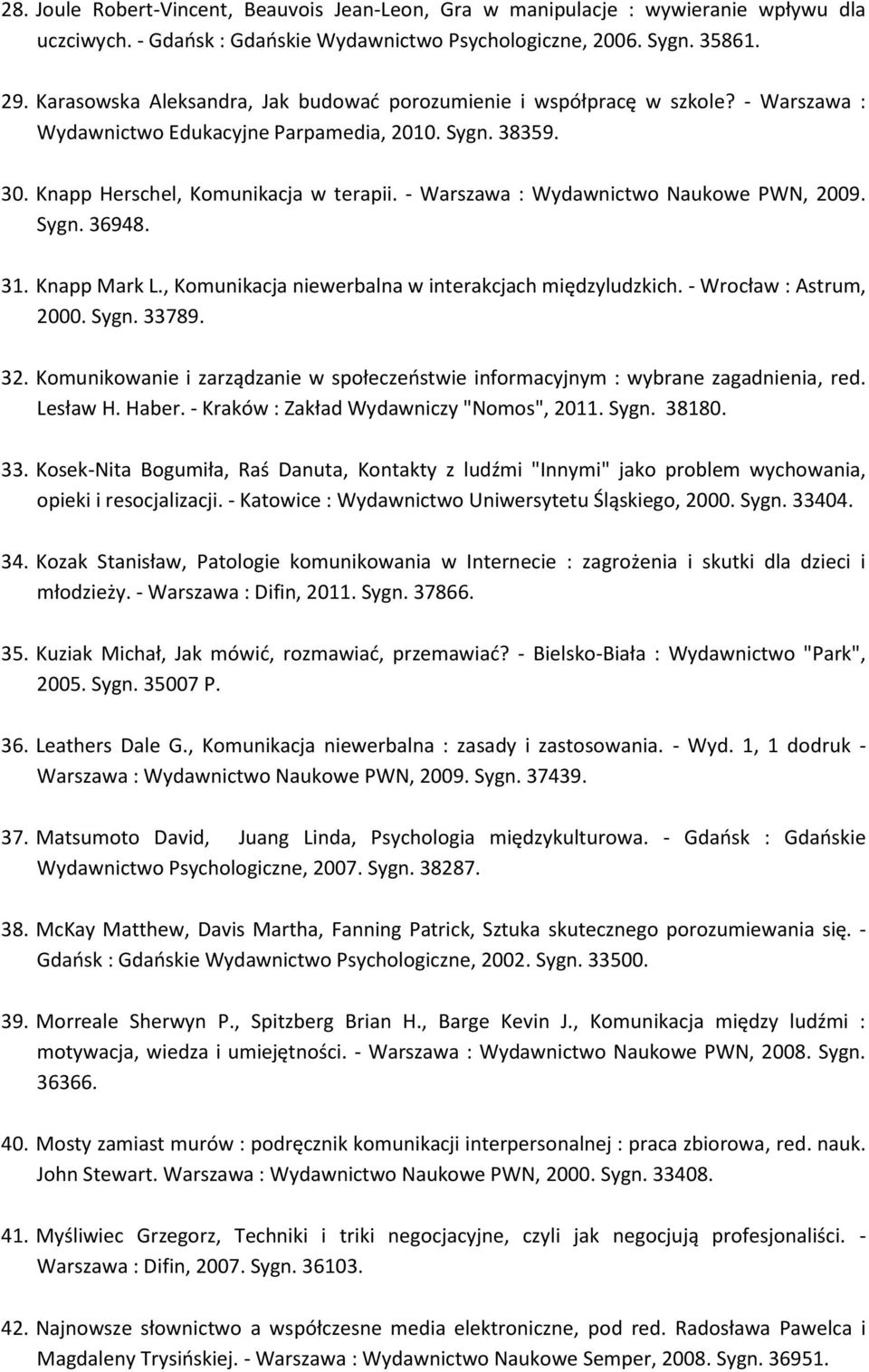 - Warszawa : Wydawnictwo Naukowe PWN, 2009. Sygn. 36948. 31. Knapp Mark L., Komunikacja niewerbalna w interakcjach międzyludzkich. - Wrocław : Astrum, 2000. Sygn. 33789. 32.