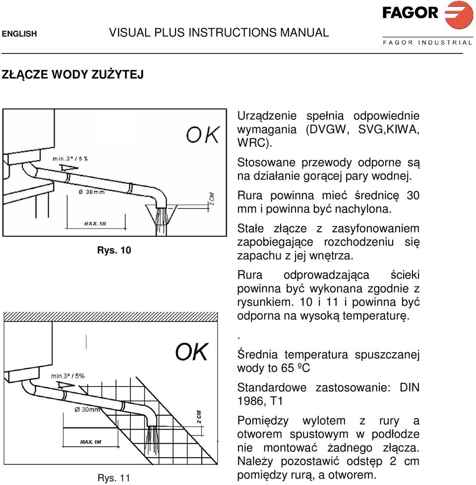 Rura odprowadzająca ścieki powinna być wykonana zgodnie z rysunkiem. 10 i 11 i powinna być odporna na wysoką temperaturę.