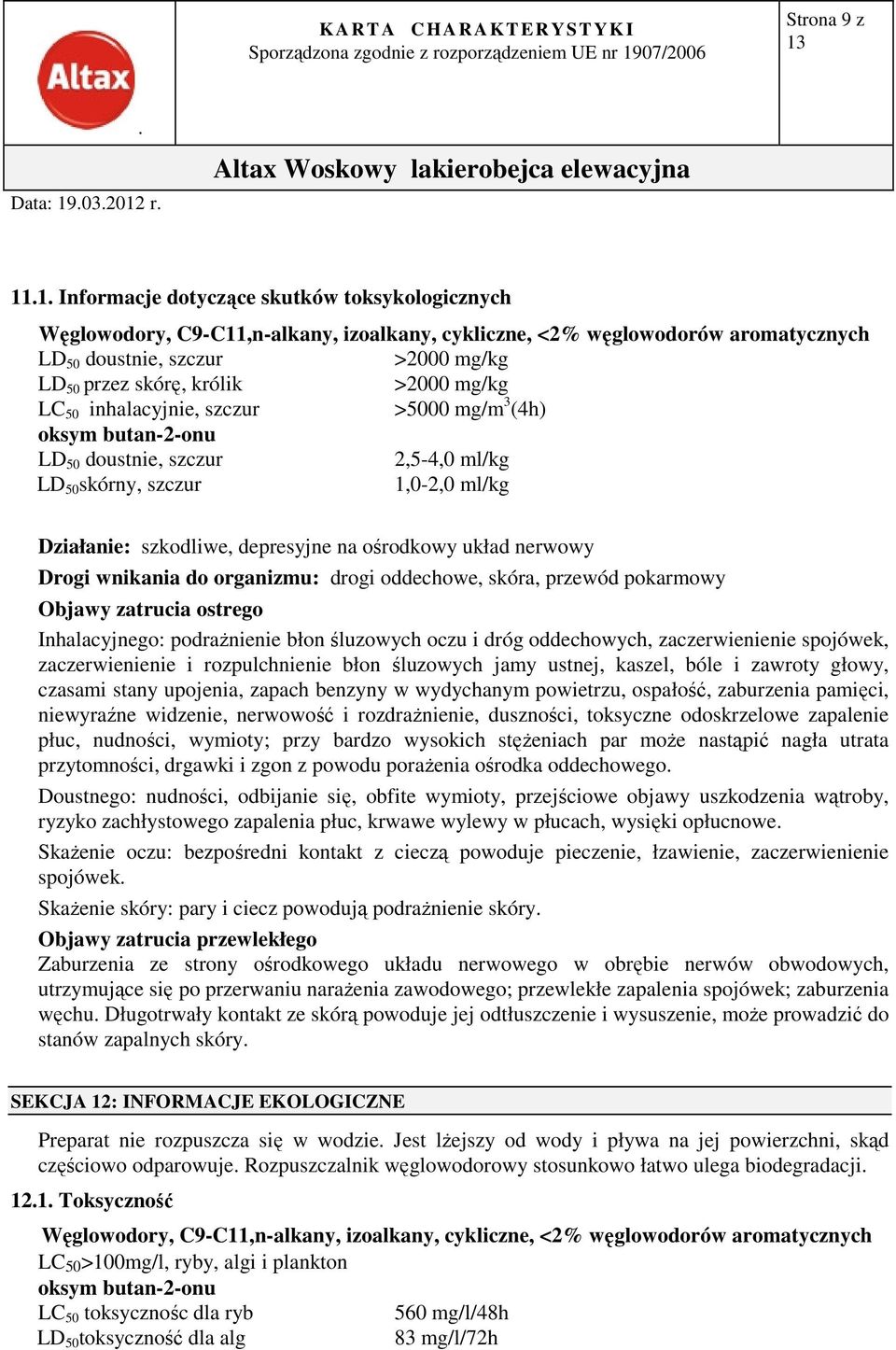 depresyjne na ośrodkowy układ nerwowy Drogi wnikania do organizmu: drogi oddechowe, skóra, przewód pokarmowy Objawy zatrucia ostrego Inhalacyjnego: podrażnienie błon śluzowych oczu i dróg