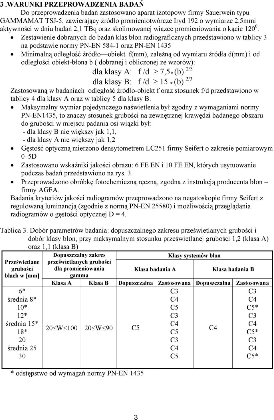 Zestawienie dobranych do badań klas błon radiograficznych przedstawiono w tablicy 3 na podstawie normy PN-EN 584-1 oraz PN-EN 1435 Minimalną odległość źródło obiekt f(), zależną od wymiaru źródła d()