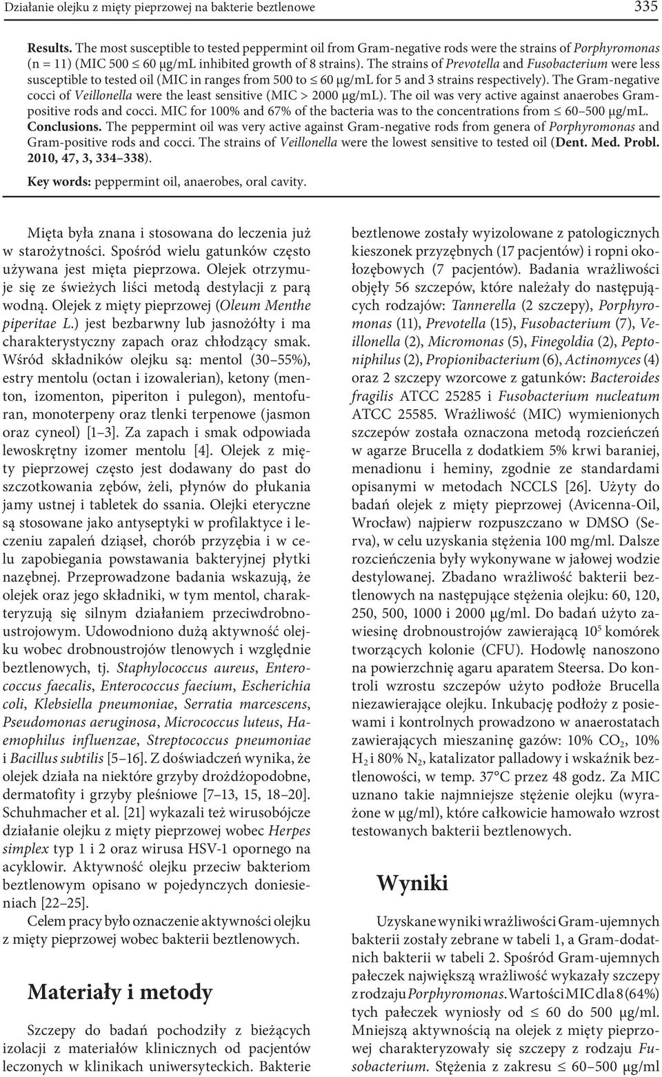 The strains of Prevotella and Fusobacterium were less susceptible to tested oil (MIC in ranges from 500 to 60 µg/ml for 5 and 3 strains respectively).