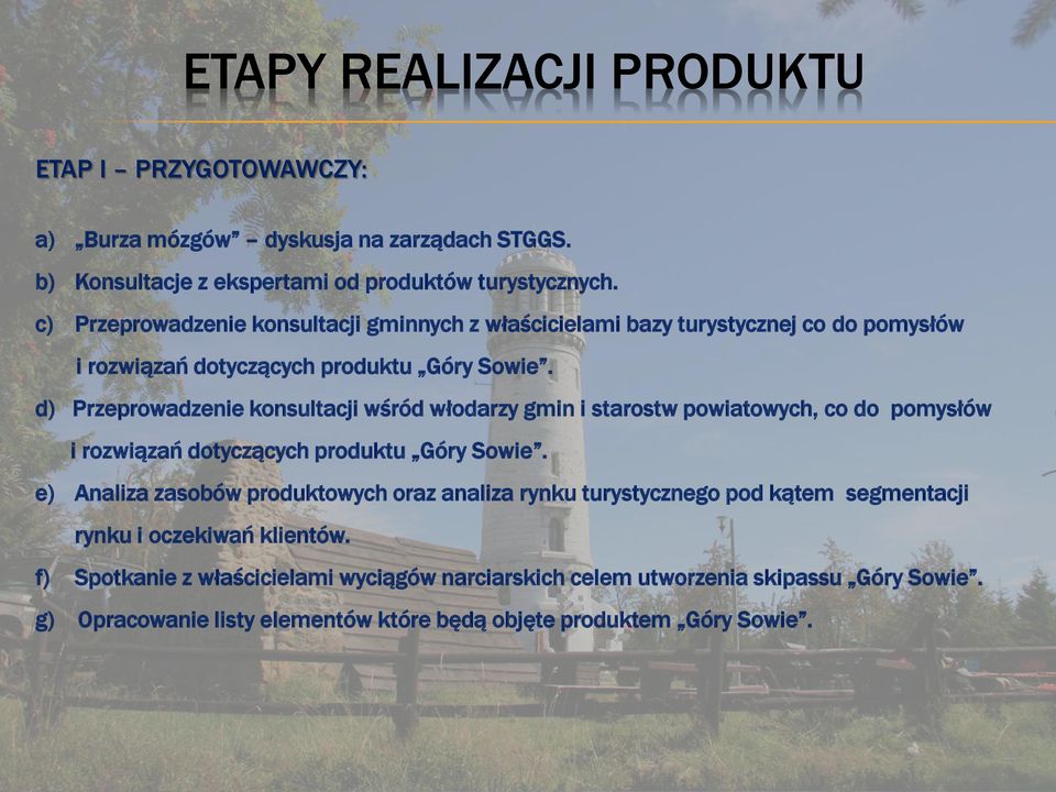 d) Przeprowadzenie konsultacji wśród włodarzy gmin i starostw powiatowych, co do pomysłów i rozwiązań dotyczących produktu Góry Sowie.