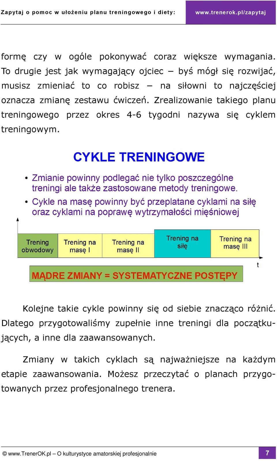 Zrealizowanie takiego planu treningowego przez okres 4-6 tygodni nazywa się cyklem treningowym. Kolejne takie cykle powinny się od siebie znacząco różnić.