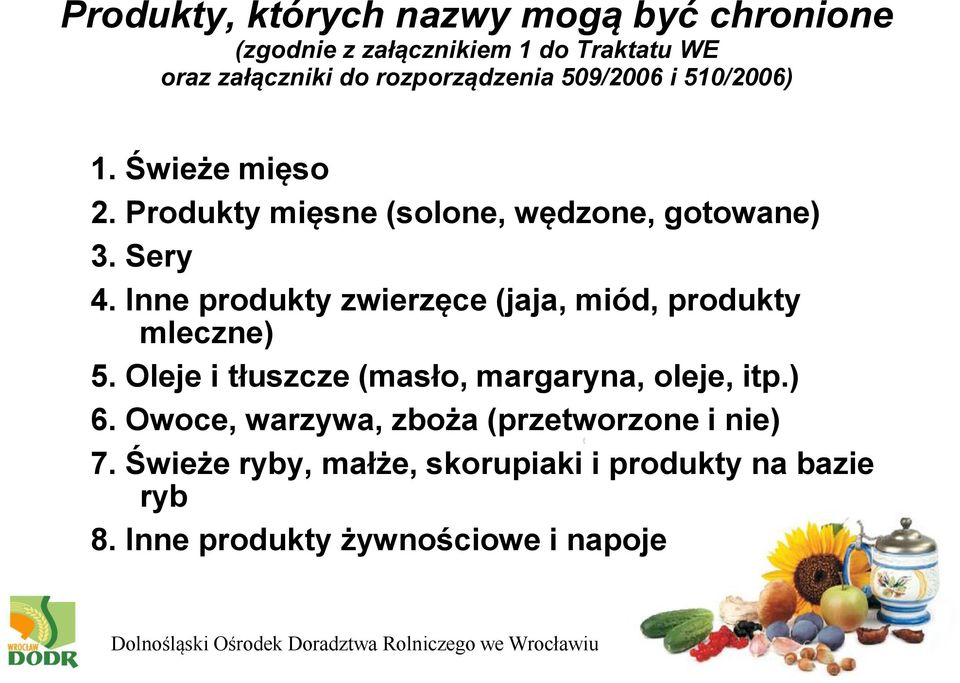 Inne produkty zwierzęce (jaja, miód, produkty mleczne) 5. Oleje i tłuszcze (masło, margaryna, oleje, itp.) 6.