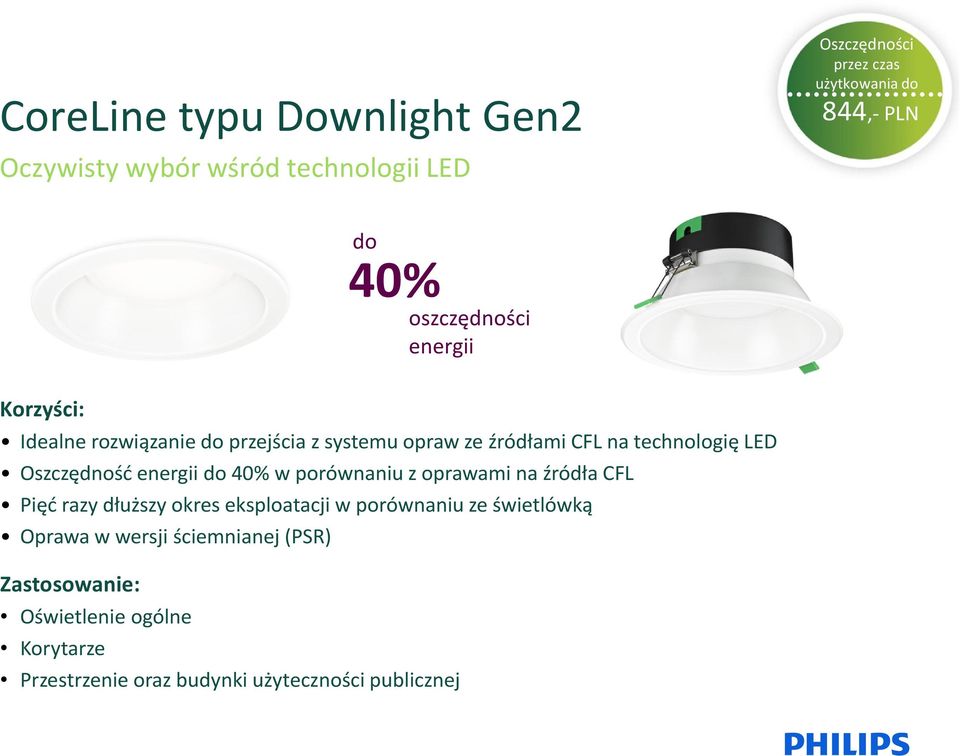 do 40% w porównaniu z oprawami na źródła CFL Pięć razy dłuższy okres eksploatacji w porównaniu ze świetlówką