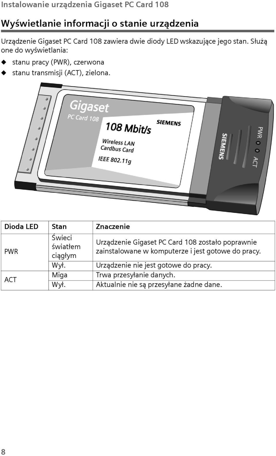 Dioda LED Stan Znaczenie PWR ACT Świeci światłem ciągłym Wył. Miga Wył.