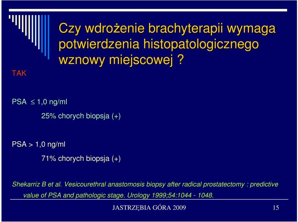 PSA 1,0 ng/ml 25% chorych biopsja (+) PSA > 1,0 ng/ml 71% chorych biopsja (+) Shekarriz