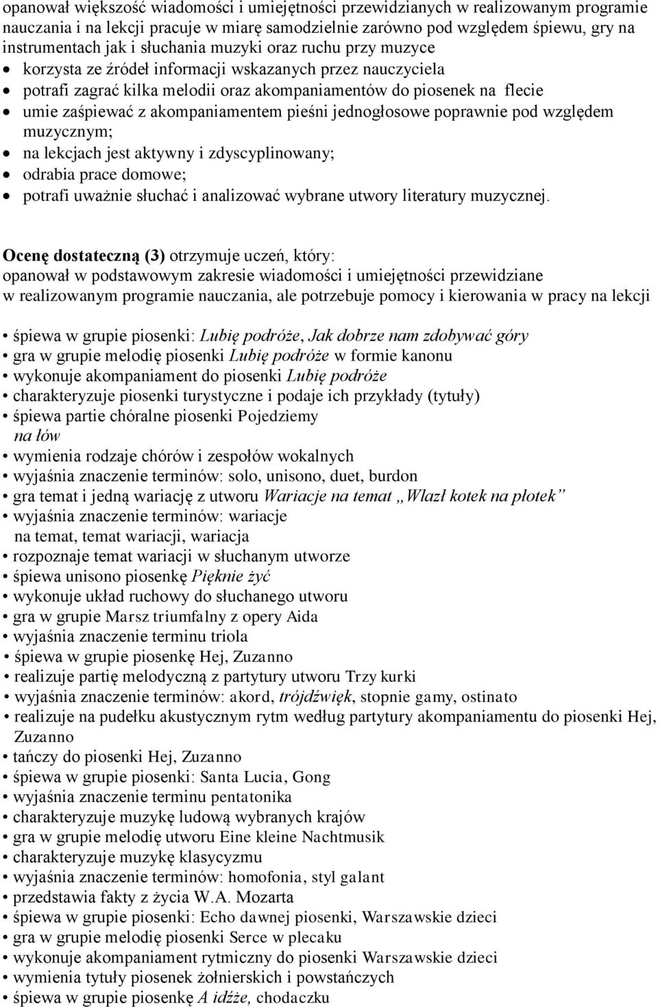 akompaniamentem pieśni jednogłosowe poprawnie pod względem muzycznym; na lekcjach jest aktywny i zdyscyplinowany; odrabia prace domowe; potrafi uważnie słuchać i analizować wybrane utwory literatury